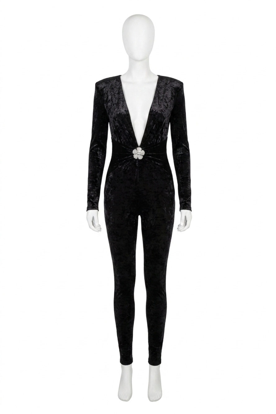 NEW RONNY KOBO rhoades jumpsuit with crystal brooch detail in jet black